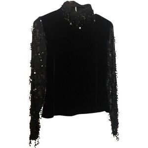 Black 90s velour  top with sequin neckline and sheer sequins sleeves size small